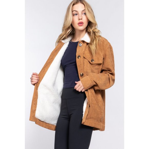 Camel Long Sleeve Inside Faux Fur with Pocket Corduroy Sherpa Jacket NWT - Picture 7 of 7